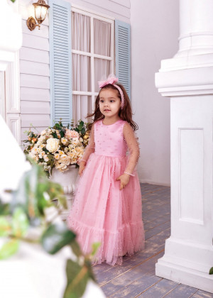 Blush Pink Pearl Beaded Satin Tulle Flower Girl Dress
